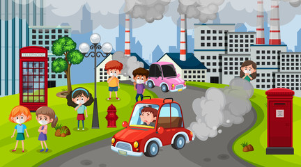 Scene with cars and factory buildings making dirty smoke in the city