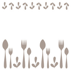 Hand drawn spoon, fork and sprig of a plant. Silhouettes Of Cutlery. Kitchen utensils. Design for menu, poster and more. Vector