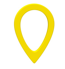 Yellow map pointer 3d pin. Location symbol isolated on white background. Web location point, pointer. 3D rendering.