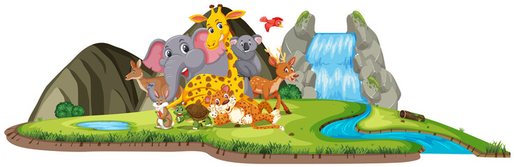 Naklejka premium Scene with many cute animals by the waterfall
