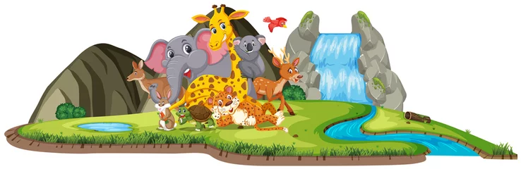 Deurstickers Scene with many cute animals by the waterfall © brgfx