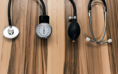 Cardiology. Tonometer and a manometer, stethoscope for diagnosis to measure of blood pressure and...