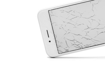 Touch screen smart phone with broken screen isolated on white background. blank for text with copy space.