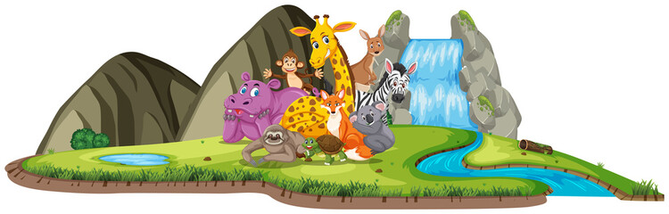Scene with many animals by the waterfall at day time