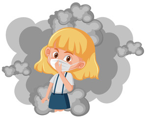 Girl wearing mask with dirty smoke in background