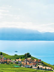 Fototapeta premium Lavaux Vineyard Terrace hiking route and ship on Lake Geneva and Swiss mountains, Lavaux-Oron district of Swiss