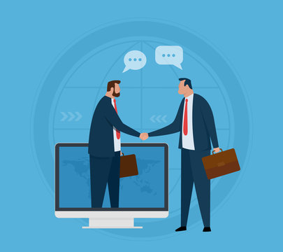 Business partners shaking hands through computer monitor. Corporate and cooperative business. Vector illustration.