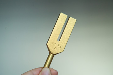 Hand holding a tuning fork .