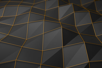 Abstract 3d image with moving surface. Black and gold color. Modern trendy design.