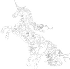 vector illustration of unicorn in style zentangle for coloring page on the transparent background