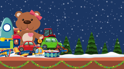 Scene with many cute toys on the floor