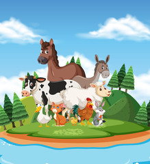 Obraz na płótnie Canvas Scene with farm animals standing by the lake