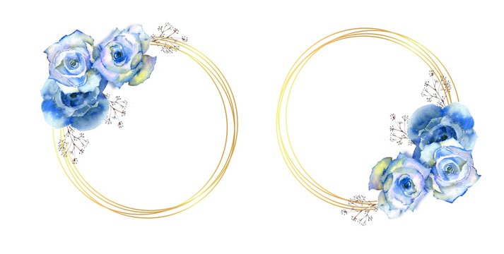 2 frames with blue rose flowers on round gold frame on white isolated background. Bouquet on top and bottom. Vector illustration.