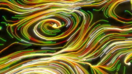 Neon glowing twisted cosmic lines on the surface of the planet. Beautiful swirls, bright turbulence curls flow colorful motion. Fluid and smooth astronomy vortex structure. 3d rendering Abstract