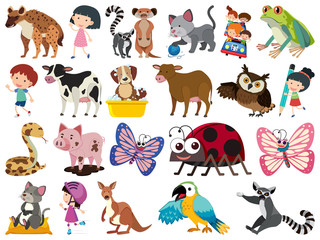 Set of isolated objects theme animals and kids