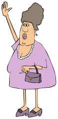 Woman in lavender dress waving