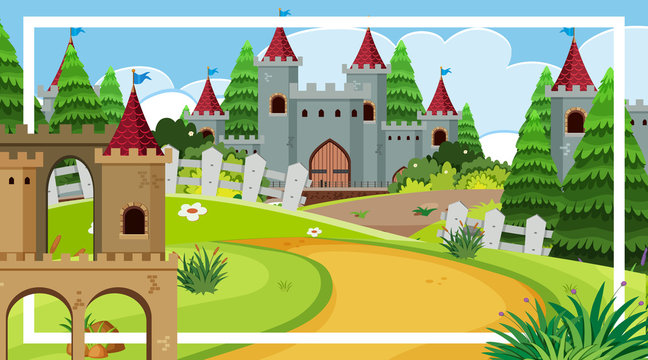 Background scene with big castle towers in the field