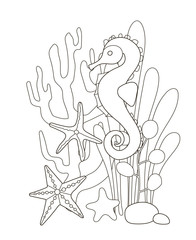 Vector beautiful coloring book for adults and children with a seahorse among algae, starfish and corals. A series of coloring books with marine animals.