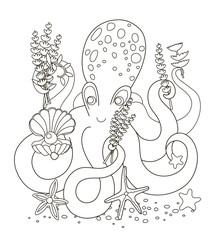 Vector beautiful coloring book for adults and children with a cute octopus that holds a shell with pearls and seaweed. Holiday and gift concept. A series of coloring books with marine animals.