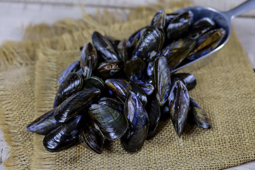 moules crues sur une toile de jute