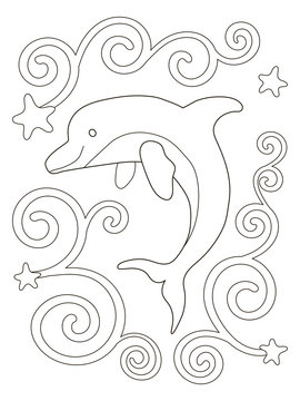 Vector beautiful coloring book for adults and children with a dolphin. A series of coloring pages with marine animals. Sea dweller and waves in the form of patterns.