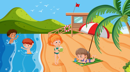 Background scene with children playing on the beach