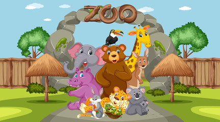 Scene with wild animals in the zoo at day time