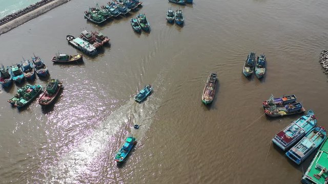  Nov 08/2019 aerial view 4k video of Phu Hai Fishing port during Morning, Phan thiet