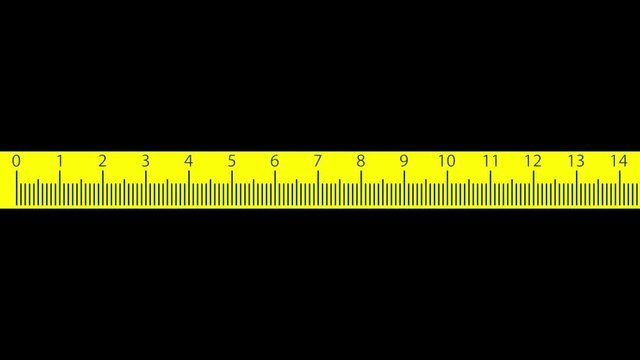 Metric ruler animation. Isolated yellow ruler wipe on black background.