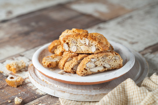 carquinyolis, a typical pastry of Catalonia, Spain on rustic background with copy space.