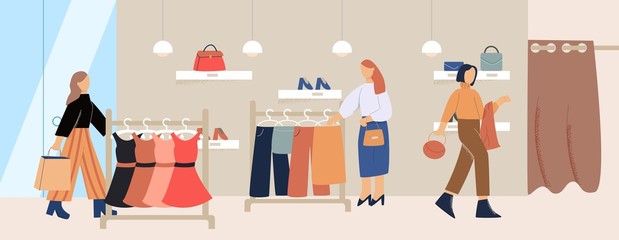 Cartoon female customer inside trendy clothes store vector flat illustration. Fashion girl character enjoying shopping at boutique. Shopaholic people buying clothing