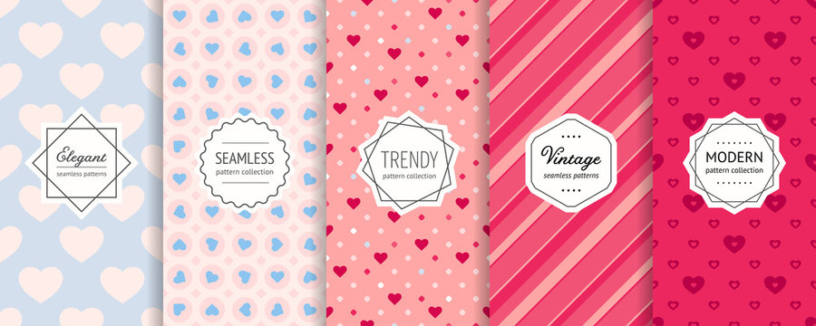 Vector Valentines day seamless patterns collection. Set of colorful geometric background swatches with elegant minimal labels. Cute abstract textures with hearts, stripes, dots. Romantic wedding decor