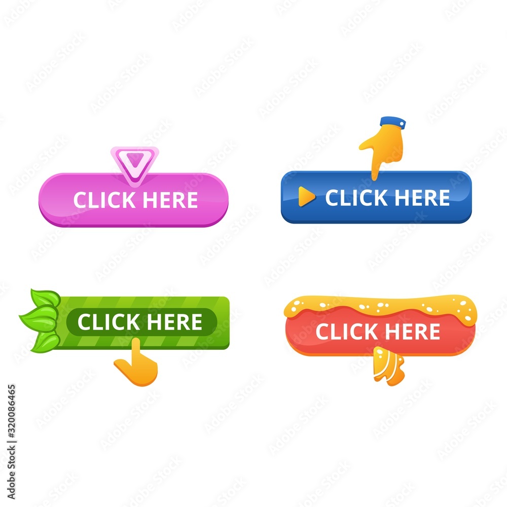 Poster Set of buttons with the inscription click here. Multi-colored buttons of different shapes and cursor pointers.
