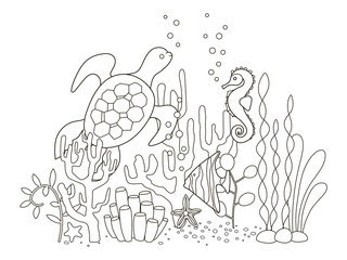 Vector beautiful coloring book for adults and children with a turtle, seahorse and fish among algae, starfish and corals. A series of coloring books with marine animals.