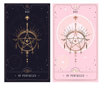 of cups. Minor Arcana secret card, black with gold and silver card, pink with gold, illustration with mystical symbols.