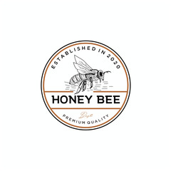 Vintage rustic BEE, honey bee logo badge emblem graphic design template vector illustration