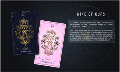 Naklejka premium nine of the pentacle. Illustration of a golden occult symbol with magical inscriptions and signs on a black background. Vector Three of pentacles. Tarot cards. The magic pentacle sign with inscription