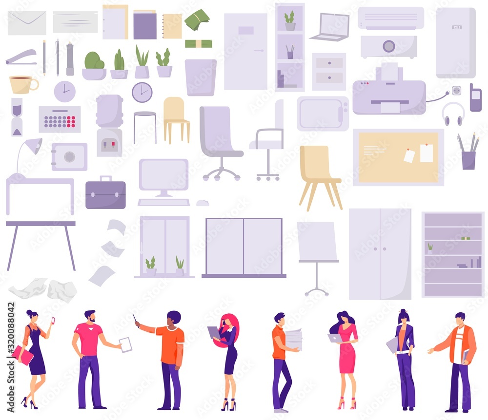 Aufkleber set of business characters working in office and objects office interior constructor with cartoon pl