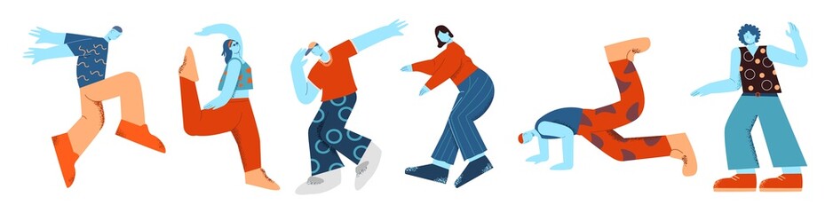 A group of dancing people in a street style. Men and women in caricature style. Character boys and girls are actively moving to the music.