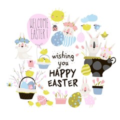 Set of cute cartoon bunny with Easter eggs and flowers