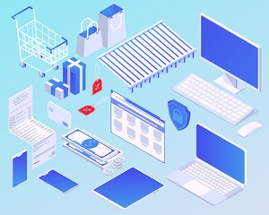 Isometric cartoon online shopping concept vector illustration. Set modern electronic device and design element for internet buying. Smart electronic ecommerce graphic isolated
