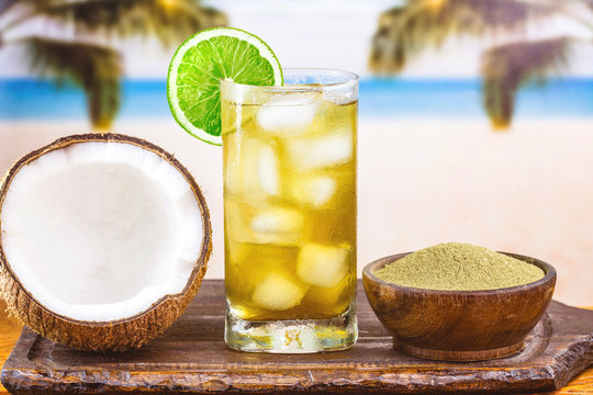 Mate carioca, typical cold drink on the beaches of rio de janeiro. Image with space for text, refreshing concept.