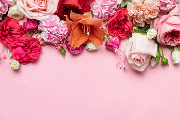 Flowers on pink background. Valentines day background. Mothers day