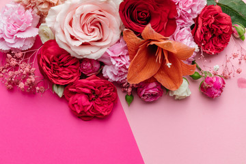 Flowers on pink background. Valentines day background. Mothers day