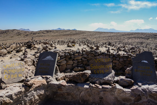 Arequipa/Peru: 'Los Andes viewpoint'. Volcanoes names. 'Ampato Volcan' and 'Sabamcaya Volcan'. 