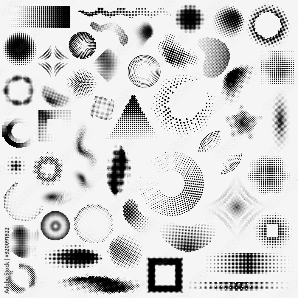 Aufkleber set of halftone dot objects of different shapes. different elements black and white texture.
