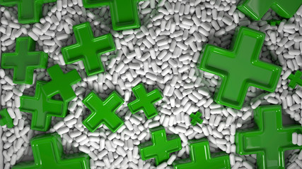 Heap of medicine tablets. Background made from pills or capsules in white color with medical signs in shape of green cross made by gold. 3d illustration