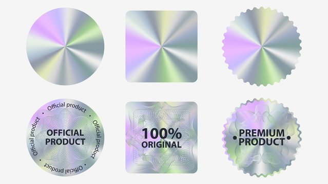 Set of hologram label geometric shapes vector flat illustration. Collection of holographic sticker quality emblem isolated on white background. Symbol of certification product
