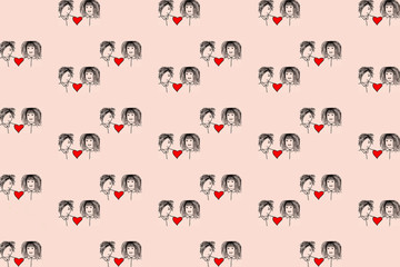 seamless pattern line cartoon drawing of teen couple on pink