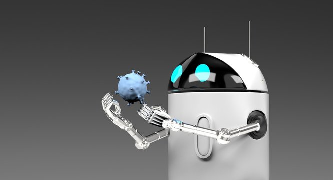 robot studies a bacterium,robot with bacterium,3d render.